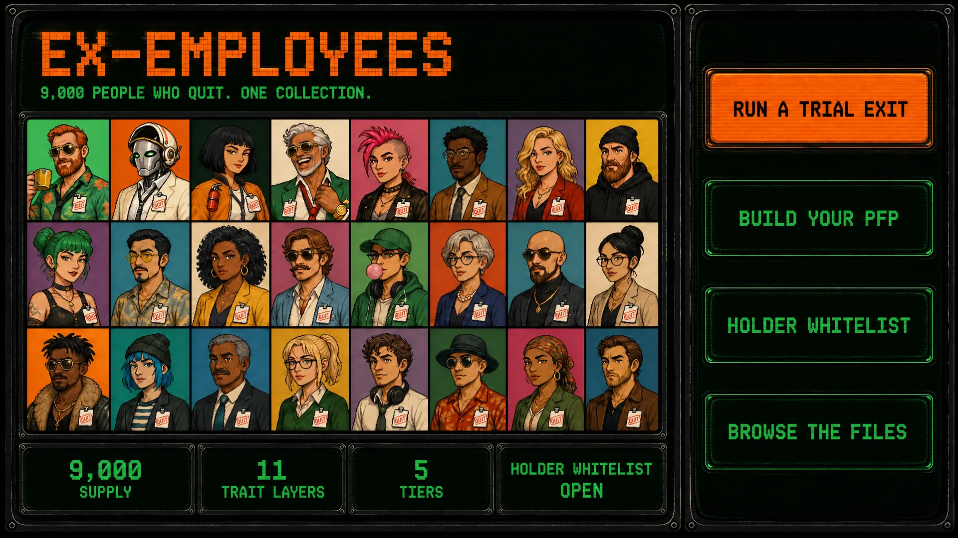 The EX-EMPLOYEES collection lobby on the badges floor: 9,000 supply, 11 trait layers, 5 tiers, the portrait grid and the doors to the trial exit, the PFP builder, the holder whitelist and the files
